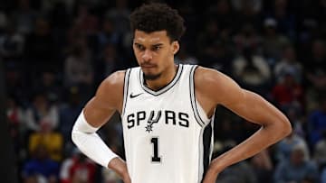 Feb 3, 2025; Memphis, Tennessee, USA; San Antonio Spurs center Victor Wembanyama (1) reacts during the second quarter against the Memphis Grizzlies at FedExForum. Mandatory Credit: Petre Thomas-Imagn Images