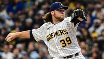 Apr 29, 2023; Milwaukee, Wisconsin, USA; Milwaukee Brewers pitcher Corbin Burnes (39) throws against the Los Angeles Angels in the first inning at American Family Field. Mandatory Credit: Benny Sieu-Imagn Images