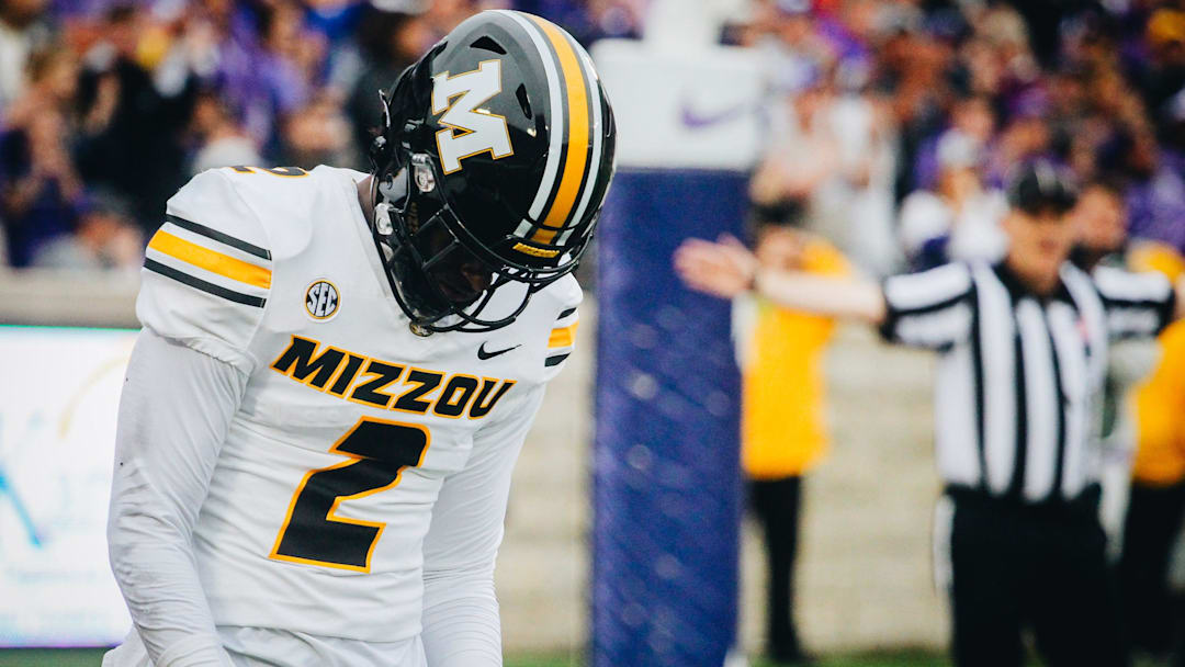 Missouri's Ennis Rakestraw looks down during the first half of the Tigers' game against Kansas State at Bill Snyder Family Stadium in Manhattan, Kansas, on Sept. 10, 2022.