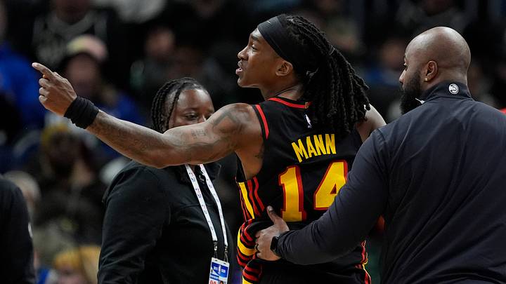 Terance Mann #14 of the Atlanta Hawks reacts against the Milwaukee Bucks.