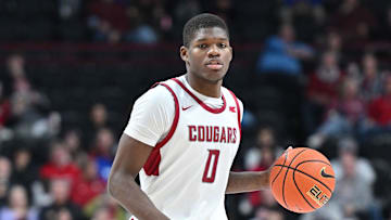 Nov 21, 2024; Spokane, Washington, USA: Duke basketball transfer guard Cedric Coward (0) controls the ball against the Eastern Washington Eagles in the second half at Spokane Veterans Memorial Arena.