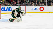 Apr 18, 2024; Saint Paul, Minnesota, USA; Minnesota Wild goaltender Marc-Andre Fleury (29)  makes a save against the Seattle Kraken in the third period at Xcel Energy Center. Mandatory Credit: Matt Blewett-Imagn Images