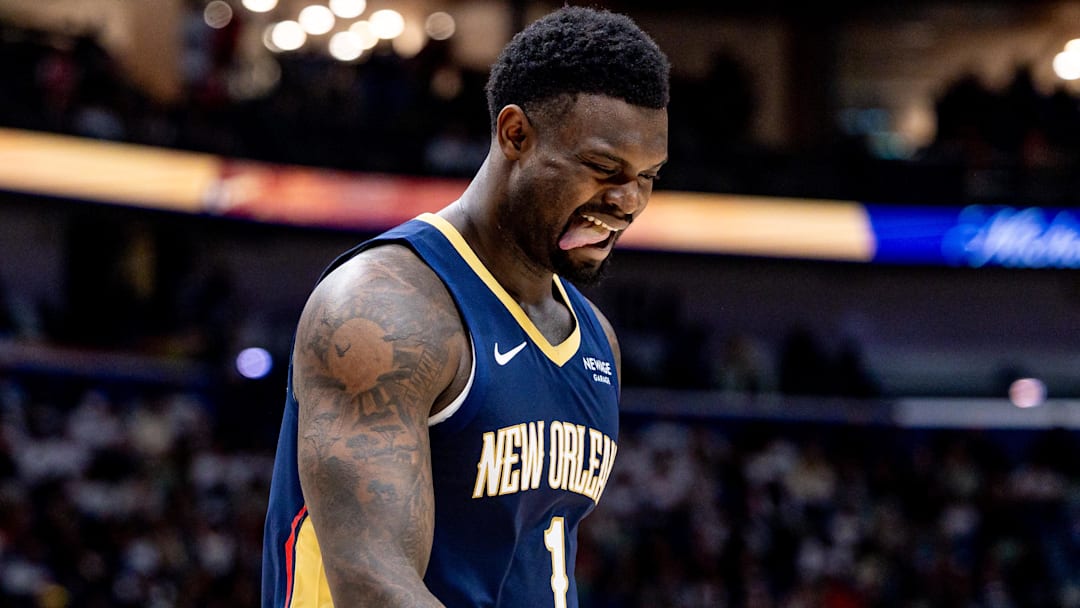 Oct 24, 2025; New Orleans, Louisiana, USA;  New Orleans Pelicans forward Zion Williamson (1) against the San Antonio Spurs during the first half at Smoothie King Center. Mandatory Credit: Stephen Lew-Imagn Images