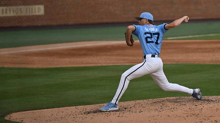 May 30, 2026; Chapel Hill, NC, USA; North Carolina Tar Heels pitcher Caden Glauber (27) pitches during game 4 of the Chapel Hill Regional at Boshamer Stadium. Mandatory Credit: William Howard-Imagn Images