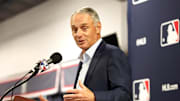Feb 15, 2024; Tampa, FL, USA; MLB commissioner Rob Manfred talks with media at George M. Steinbrenner Field. 