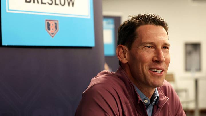 Feb 15, 2024; Tampa, FL, USA; Boston Red Sox chief baseball officer Craig Breslow talks with media at George M. Steinbrenner Field. Mandatory Credit: Kim Klement Neitzel-Imagn Images