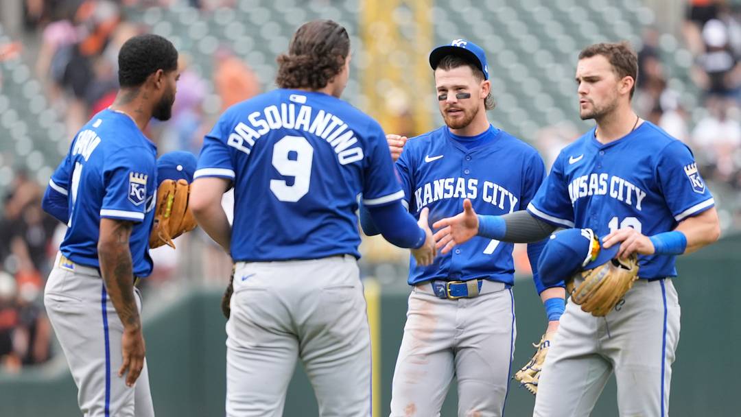May 4, 2025; Baltimore, Maryland, USA; Kansas City Royals third baseman Maikel Garcia (11) and first baseman Vinnie Pasquantino (9) and shortstop Bobby Witt Jr. (7) and second baseman Michael Massey (19) celebrate the victory against the Baltimore Orioles after the ninth inning at Oriole Park at Camden Yards. Mandatory Credit: Gregory Fisher-Imagn Images