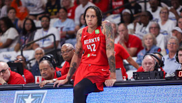 Sep 14, 2025; College Park, Georgia, USA; Atlanta Dream center Brittney Griner (42) waits to enter a game against the Indiana Fever in the first quarter during game one of round one for the 2025 WNBA Playoffs at Gateway Center Arena at College Park. Mandatory Credit: Brett Davis-Imagn Images
