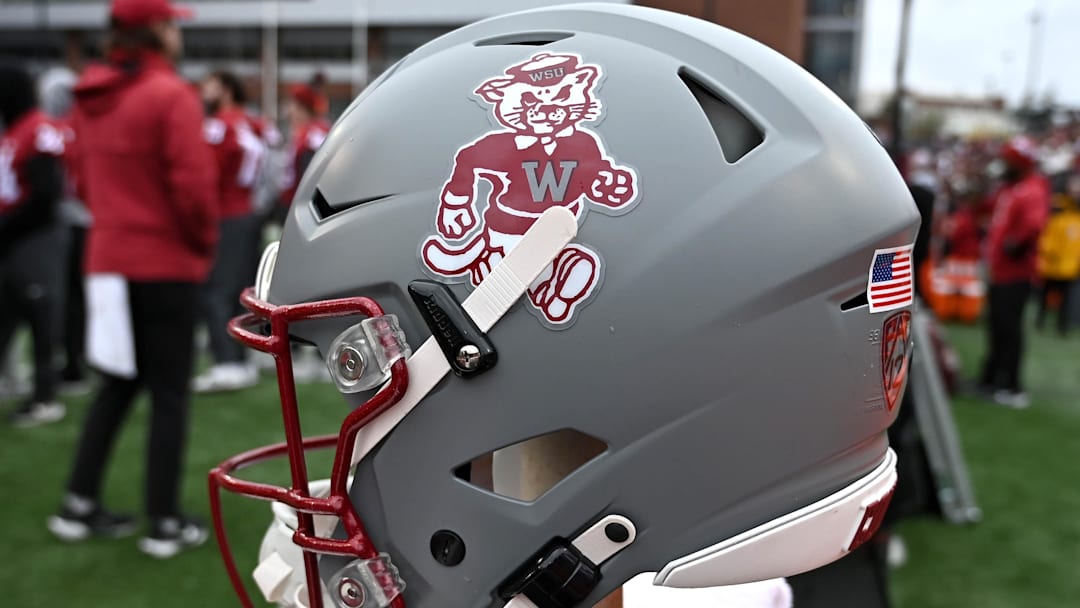 Oct 25, 2025; Pullman, Washington, USA; Washington State Cougars helmet sits during a game against the Toledo Rockets at Gesa Field at Martin Stadium. 