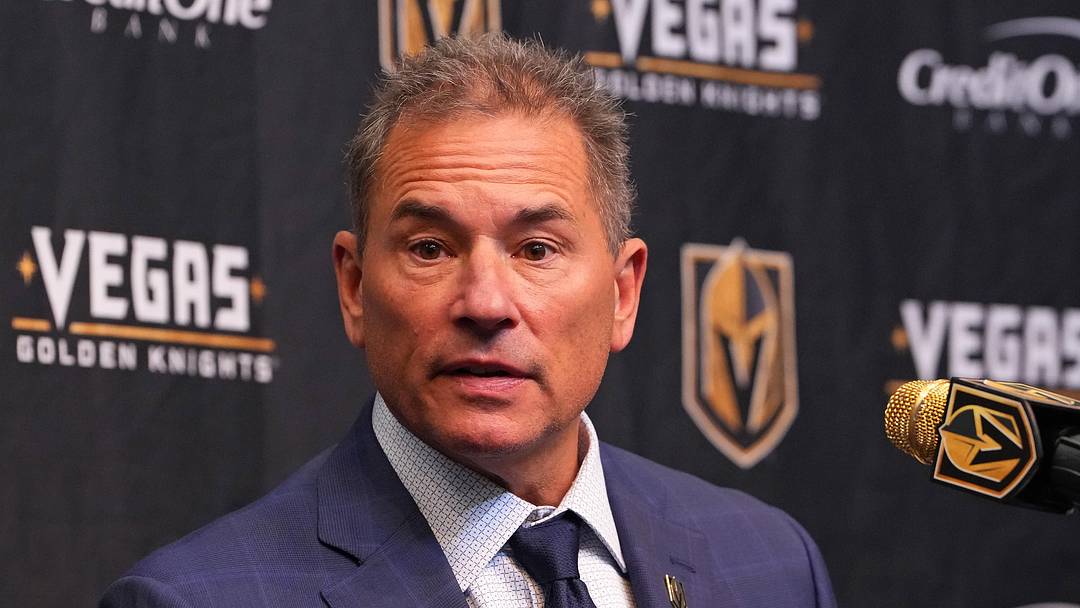 Nov 10, 2025; Las Vegas, Nevada, USA; Former Vegas Golden Knights head coach Bruce Cassidy takes questions during a presser after the Florida Panthers defeated the Golden Knights 3-2 at T-Mobile Arena. Mandatory Credit: Stephen R. Sylvanie-Imagn Images