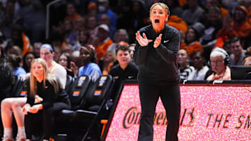 Tennessee head coach Kim Caldwell yells out to her players during a women's college basketball game between the Lady Vols and LSU at Thompson-Boling Arena at Food City Center on Thursday, Jan. 9, 2025.
