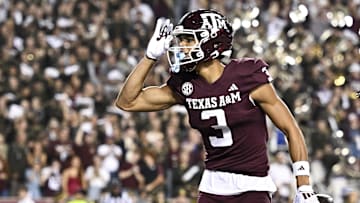 Nov 16, 2024; College Station, Texas, USA; Texas A&M Aggies wide receiver Noah Thomas (3) reacts after scoring a touchdown during the first quarter against the New Mexico State Aggies at Kyle Field. Mandatory Credit: Maria Lysaker-Imagn Images 