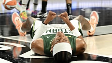 Sep 18, 2025; Las Vegas, Nevada, USA; Seattle Storm guard Erica Wheeler (17) reacts to a play against the Las Vegas Aces in the fourth quarter during game three of round one for the 2025 WNBA Playoffs at Michelob Ultra Arena. Mandatory Credit: Candice Ward-Imagn Images