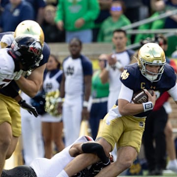 Northern Illinois safety Santana Banner tackles Notre Dame quarterback Riley Leonard during a NCAA college football game between Notre Dame and Northern Illinois at Notre Dame Stadium on Saturday, Sept. 7, 2024, in South Bend.