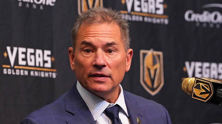 Nov 10, 2025; Las Vegas, Nevada, USA; Former Vegas Golden Knights head coach Bruce Cassidy takes questions during a presser after the Florida Panthers defeated the Golden Knights 3-2 at T-Mobile Arena. Mandatory Credit: Stephen R. Sylvanie-Imagn Images