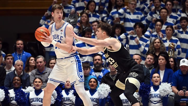 Feb 12, 2024; Durham, North Carolina, USA;  Duke Blue Devils center Kyle Filipowski (30) controls