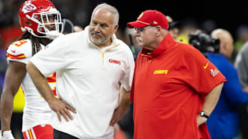 Feb 9, 2025; New Orleans, LA, USA;  Kansas City Chiefs special teams coordinator Dave Toub (left) with head coach Andy Reid against the Philadelphia Eagles in Super Bowl LIX at Ceasars Superdome. Mandatory Credit: Mark J. Rebilas-Imagn Images