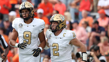 Vanderbilt Commodores quarterback Diego Pavia (2) celebrates with tight end Eli Stowers (9) after a touchdown during the fourth quarter against the Auburn Tigers at Jordan-Hare Stadium.