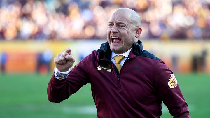 Jan 1, 2020; Tampa, Florida, USA; Minnesota Golden Gophers head coach PJ Fleck reacts during the fourth quarter against the Auburn Tigers at Raymond James Stadium. Mandatory Credit: Douglas DeFelice-USA TODAY Sports