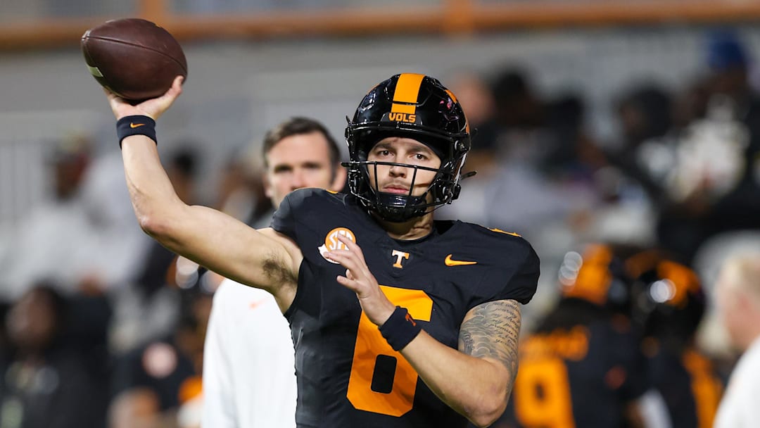 Nov 1, 2025; Knoxville, Tennessee, USA; Tennessee Volunteers quarterback Joey Aguilar (6) warms up before the game against the Oklahoma Sooners at Neyland Stadium. Mandatory Credit: Randy Sartin-Imagn Images