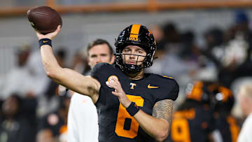 Nov 1, 2025; Knoxville, Tennessee, USA; Tennessee Volunteers quarterback Joey Aguilar (6) warms up before the game against the Oklahoma Sooners at Neyland Stadium. Mandatory Credit: Randy Sartin-Imagn Images