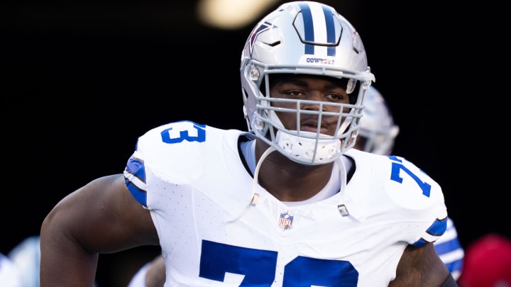 October 8, 2023; Santa Clara, California, USA; Dallas Cowboys offensive tackle Tyler Smith (73) before the game against the San Francisco 49ers at Levi's Stadium. Mandatory Credit: Kyle Terada-USA TODAY Sports