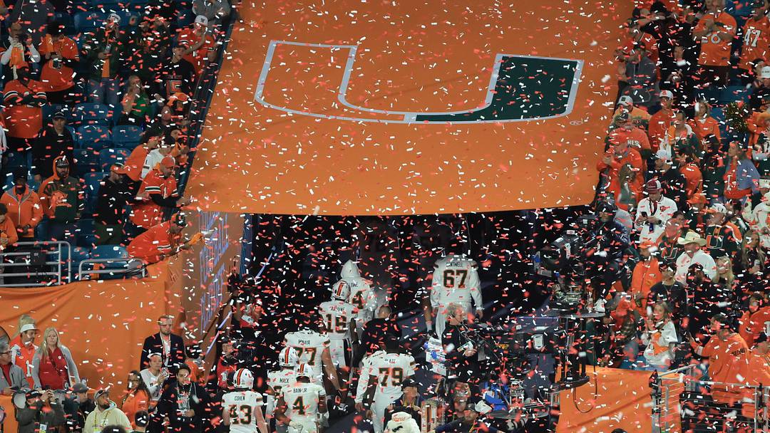 Jan 19, 2026; Miami Gardens, FL, USA; The Miami Hurricanes leave the field as confetti falls after the College Football Playoff National Championship game against the Indiana Hoosiers at Hard Rock Stadium. Mandatory Credit: Kim Klement Neitzel-Imagn Images