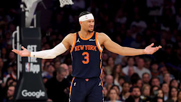 Apr 21, 2025; New York, New York, USA; New York Knicks guard Josh Hart (3) reacts during the third quarter of game two of the first round of the 2024 NBA Playoffs against the Detroit Pistons at Madison Square Garden. Mandatory Credit: Brad Penner-Imagn Images
