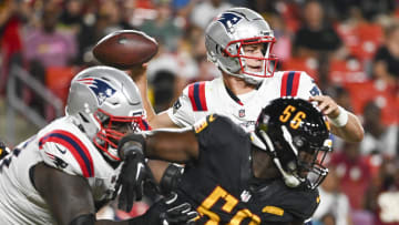 Aug 25, 2024; Landover, Maryland, USA;  New England Patriots quarterback Drake Maye (10) throws fro the pocket during the first half against the Washington Commanders at Commanders Field. Mandatory Credit: Tommy Gilligan-USA TODAY Sports
