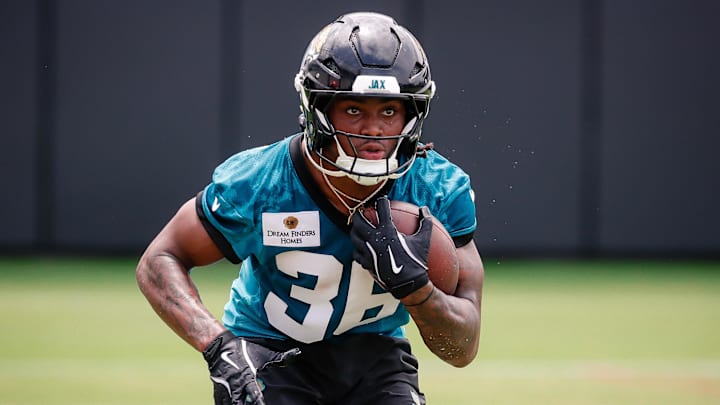 May 10, 2025; Jacksonville, FL, USA; Jacksonville Jaguars running back LeQuint Allen Jr. (36) participates in a drill during rookie minicamp at Miller Electric Center. Mandatory Credit: Travis Register-Imagn Images