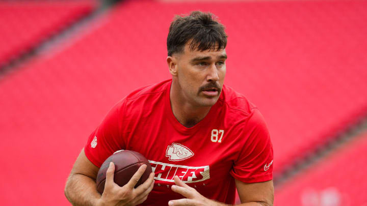 Kelce warms up prior to a preseason game against the Chicago Bears at GEHA Field at Arrowhead Stadium.