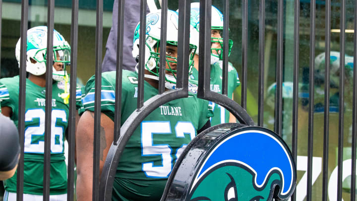 Dec 2, 2023; New Orleans, LA, USA; Tulane Green Wave offensive lineman Sincere Haynesworth (52) stands at the gate for player runouts against the Southern Methodist Mustangs during the first half at Yulman Stadium. 