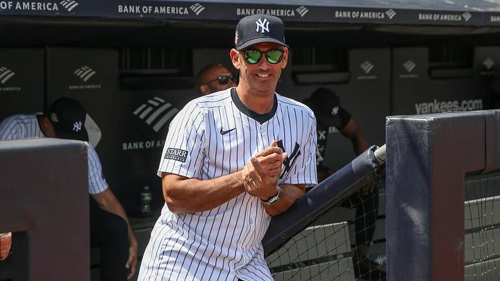 Aug 24, 2024; Bronx, New York, USA;  Former New York Yankees catcher Jorge Posada is introduced at the Old TimersÕ Day Ceremony at Yankee Stadium. Mandatory Credit: Wendell Cruz-USA TODAY Sports