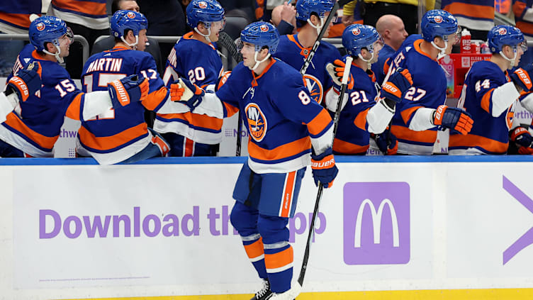 Nov 4, 2023; Elmont, New York, USA; New York Islanders defenseman Noah Dobson (8) celebrates his