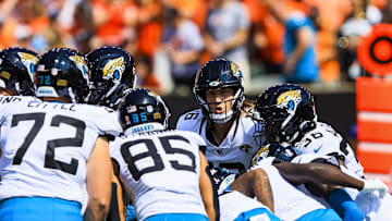 Sep 14, 2025; Cincinnati, Ohio, USA; Jacksonville Jaguars quarterback Trevor Lawrence (16) huddles his team in the first half against the Cincinnati Bengals at Paycor Stadium. Mandatory Credit: Katie Stratman-Imagn Images