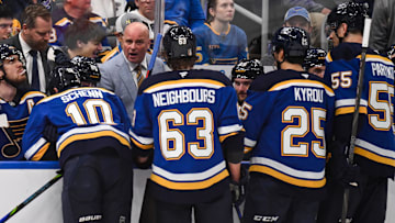 May 2, 2025; St. Louis, Missouri, USA; St. Louis Blues head coach Jim Montgomery speaks with members of the St. Louis Blues during a timeout in game six of the first round of the 2025 Stanley Cup Playoffs against the Winnipeg Jets at Enterprise Center. Mandatory Credit: Connor Hamilton-Imagn Images