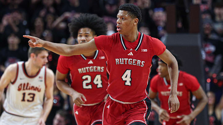 Feb 5, 2025; Piscataway, New Jersey, USA; Rutgers Scarlet Knights guard Ace Bailey (4) reacts after basket against the Illinois Fighting Illini during the first half at Jersey Mike's Arena. Mandatory Credit: Vincent Carchietta-Imagn Images