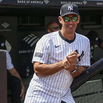 Aug 24, 2024; Bronx, New York, USA;  Former New York Yankees catcher Jorge Posada is introduced at the Old Timers’ Day Ceremony at Yankee Stadium. Mandatory Credit: Wendell Cruz-Imagn Images