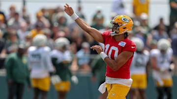 Green Bay Packers quarterback Jordan Love (10) throws the ball in a drill during the 11th practice of training camp on Tuesday, August 6, 2024, at Ray Nitschke Field in Ashwaubenon, Wis. 
Tork Mason/USA TODAY NETWORK-Wisconsin