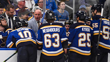 May 2, 2025; St. Louis, Missouri, USA; St. Louis Blues head coach Jim Montgomery speaks with members of the St. Louis Blues during a timeout in game six of the first round of the 2025 Stanley Cup Playoffs against the Winnipeg Jets at Enterprise Center. Mandatory Credit: Connor Hamilton-Imagn Images