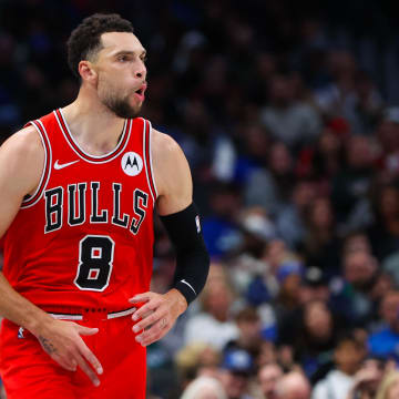 Chicago Bulls guard Zach LaVine (8) reacts after scoring during the second quarter against the Dallas Mavericks at American Airlines Center. Mandatory Credit: