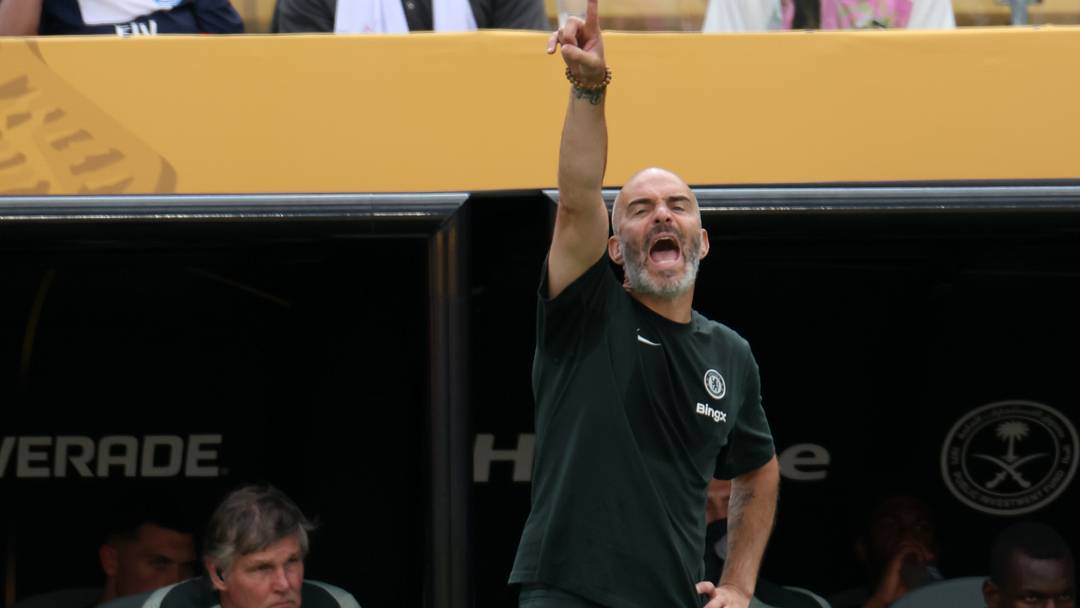 Jul 13, 2025; East Rutherford, New Jersey, USA; Chelsea FC head coach Enzo Maresca  reacts during the final of the 2025 FIFA Club World Cup at MetLife Stadium. Mandatory Credit: Vincent Carchietta-Imagn Images