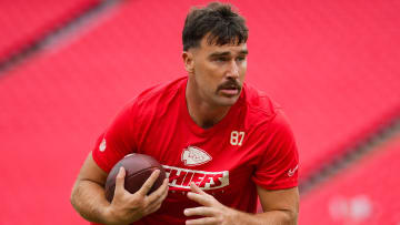 Aug 22, 2024; Kansas City, Missouri, USA; Kansas City Chiefs tight end Travis Kelce (87) warms up prior to a game against the Chicago Bears at GEHA Field at Arrowhead Stadium. Mandatory Credit: Jay Biggerstaff-USA TODAY Sports