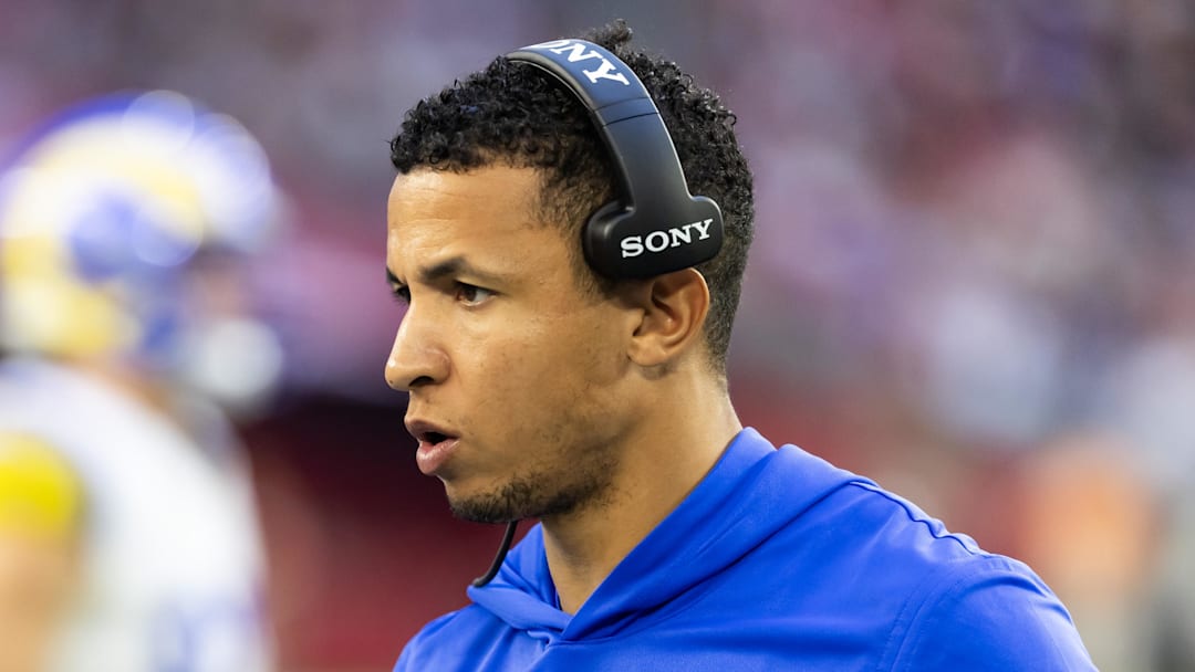 Dec 7, 2025; Glendale, Arizona, USA; Los Angeles Rams  pass game coordinator Nate Scheelhaase against the Arizona Cardinals at State Farm Stadium. Mandatory Credit: Mark J. Rebilas-Imagn Images