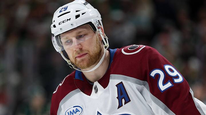 May 11, 2026; Saint Paul, Minnesota, USA; Colorado Avalanche center Nathan MacKinnon (29) looks on during the first period in game four of the second round of the 2026 Stanley Cup Playoffs against the Minnesota Wild at Grand Casino Arena. Mandatory Credit: Matt Krohn-Imagn Images