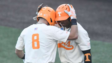 Tennessee's Dylan Dreiling (8) and Tennessee's Kavares Tears (21) celebrate Dreiling's home run against Southern Miss in the NCAA Baseball Tournament Knoxville Regional on Sunday, June 2, 2024 in Knoxville, Tenn.