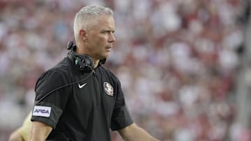 Aug 30, 2025; Tallahassee, Florida, USA; Florida State Seminoles head coach Mike Norvell reacts after a play against the Alabama Crimson Tide during the second half at Doak S. Campbell Stadium. Mandatory Credit: Melina Myers-Imagn Images