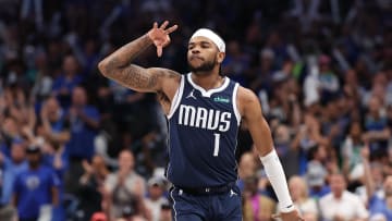 May 28, 2024; Dallas, Texas, USA; Dallas Mavericks guard Jaden Hardy (1) gestures against the Minnesota Timberwolves during the fourth quarter of game four of the western conference finals for the 2024 NBA playoffs at American Airlines Center. Mandatory Credit: Kevin Jairaj-USA TODAY Sports