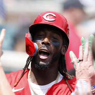 Jun 15, 2025; Detroit, Michigan, USA;  Cincinnati Reds designated hitter Elly De La Cruz (44) receives congratulations from teammates after he hits a two run home run in the ninth inning against the Detroit Tigers at Comerica Park. Mandatory Credit: Rick Osentoski-Imagn Images
