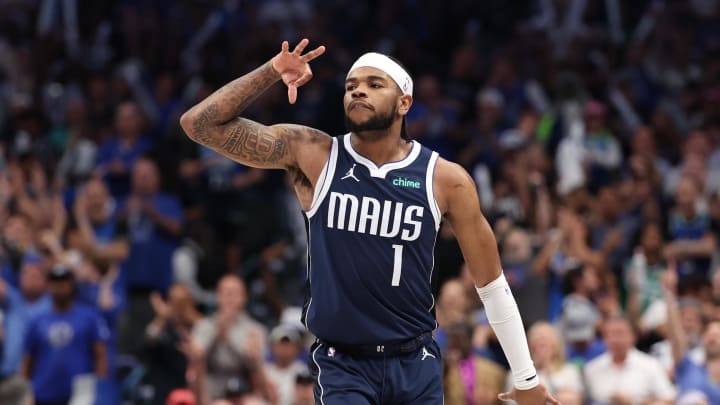 May 28, 2024; Dallas, Texas, USA; Dallas Mavericks guard Jaden Hardy (1) gestures against the Minnesota Timberwolves during the fourth quarter of game four of the western conference finals for the 2024 NBA playoffs at American Airlines Center. Mandatory Credit: Kevin Jairaj-USA TODAY Sports